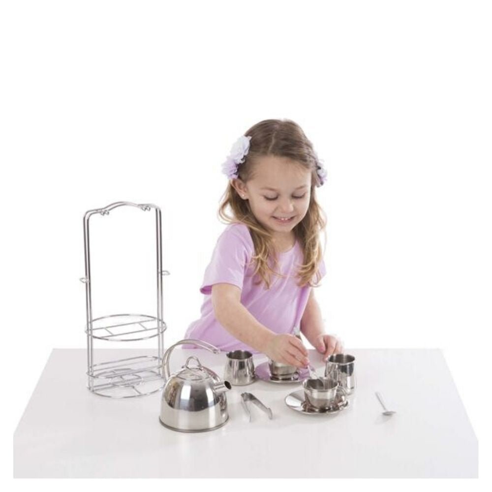 Melissa & Doug - Melissa & Doug Stainless Steel Pretend Play Tea Set and Storage Rack - Playful Panda